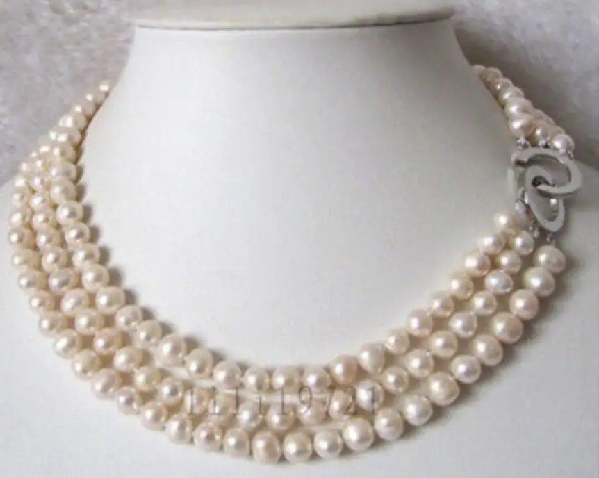 3 Lines 7 8mm White Freshwater Cultured Pearl Necklace 16 18 Free 