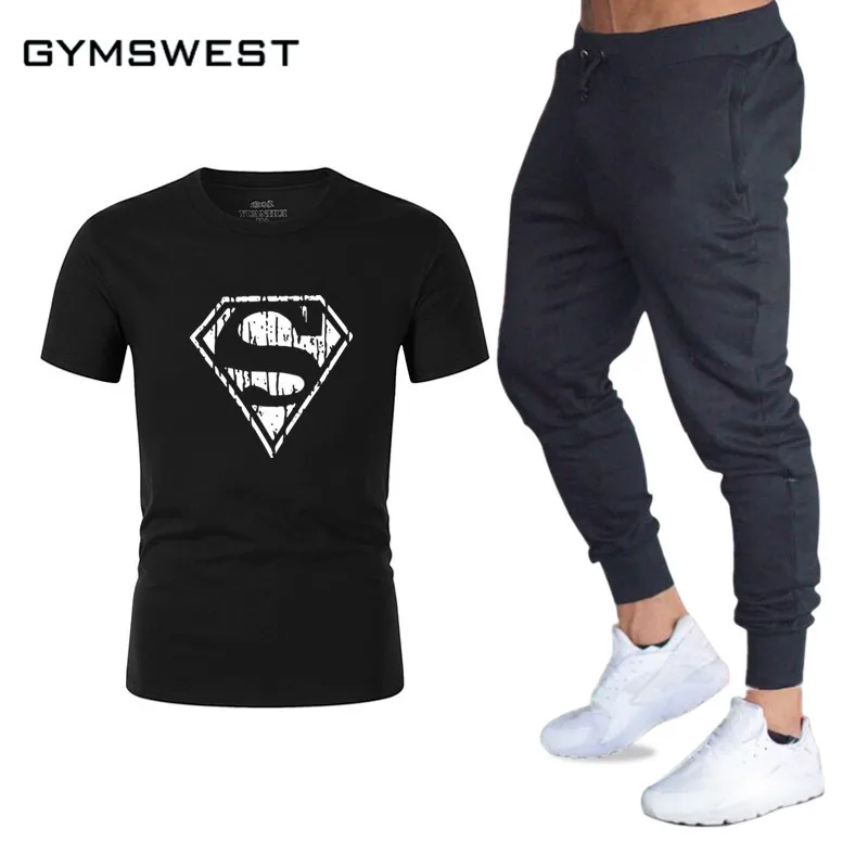 

Men's Sets Superman Captain America Men's Muscle Fitness pants+T Shirts Suits Gold Stringer Singlet Crime Male Bodybuilding Top