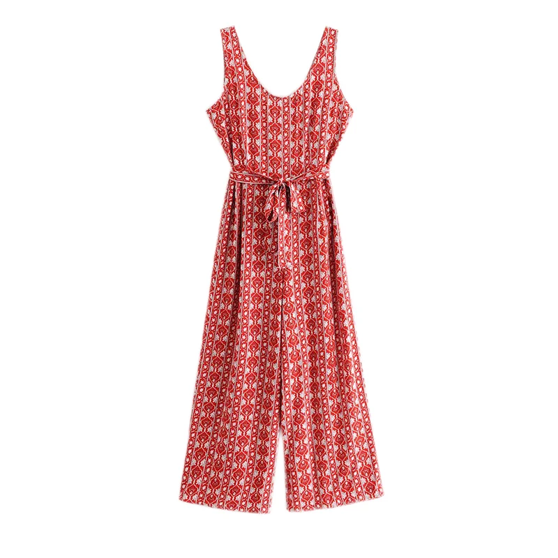 

Women Red Print Wide Leg Jumpsuits Sleeveless Side Zipper Fly Sashes Casual Female Sweet Long Playsuits FFZLT40