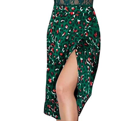 OOTN, цветочный Леопардовый принт, длинные юбки, Женская Офисная миди-юбка с высокой талией, женская элегантная повседневная Летняя юбка зеленого цвета с разрезом - Цвет: Green