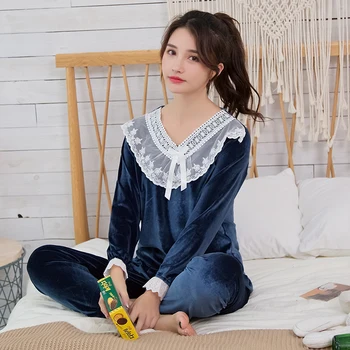 

Gold Velvet Women Pajamas Sets WAVMIT Autumn Winter Long Sleeve Sleepwear Warm Big Girl Pijamas Mujer Leisure Pajamas for Women