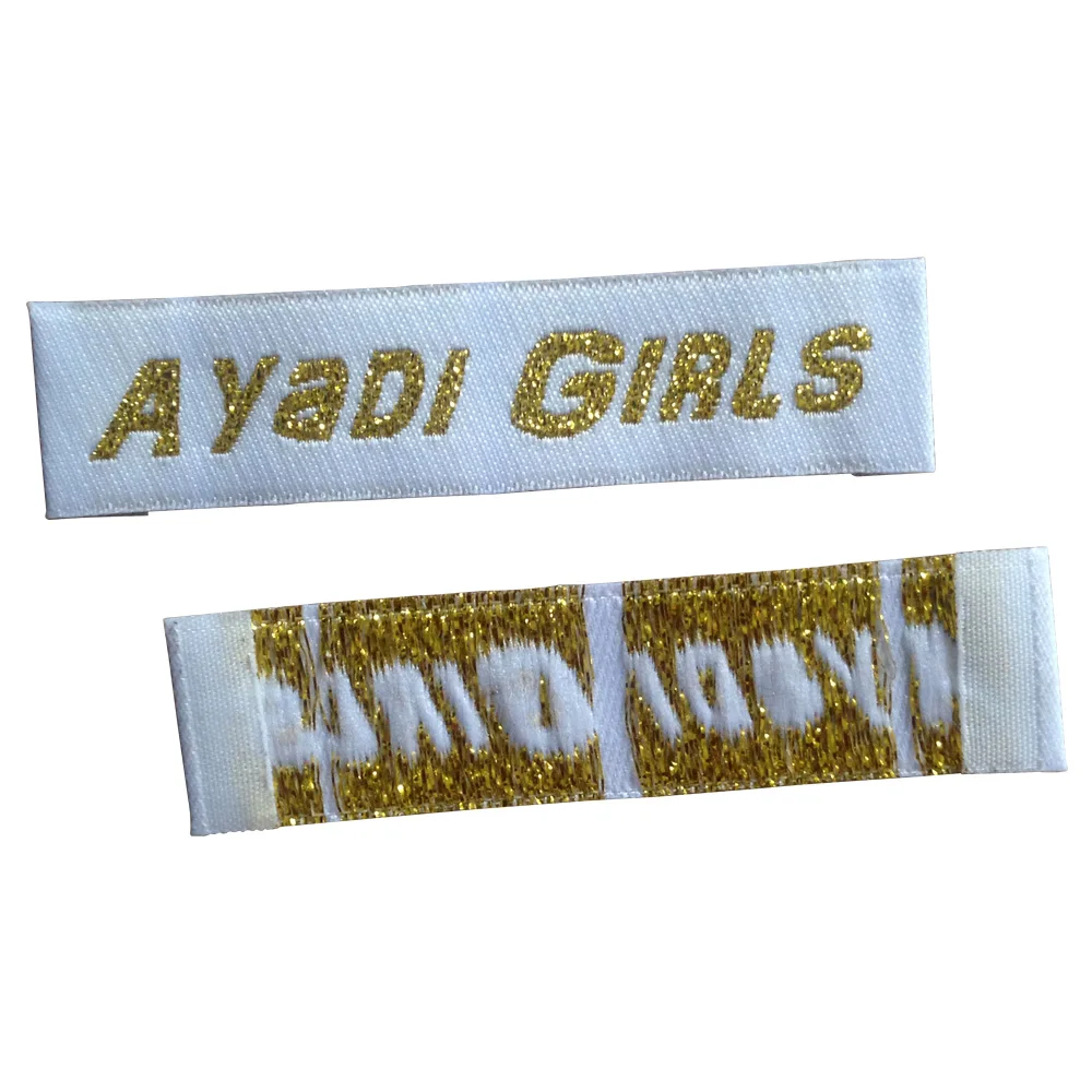

Customize shiny gold woven labels for clothes custom clothing tag fabric sewing garment tags with metal logo label for luggage
