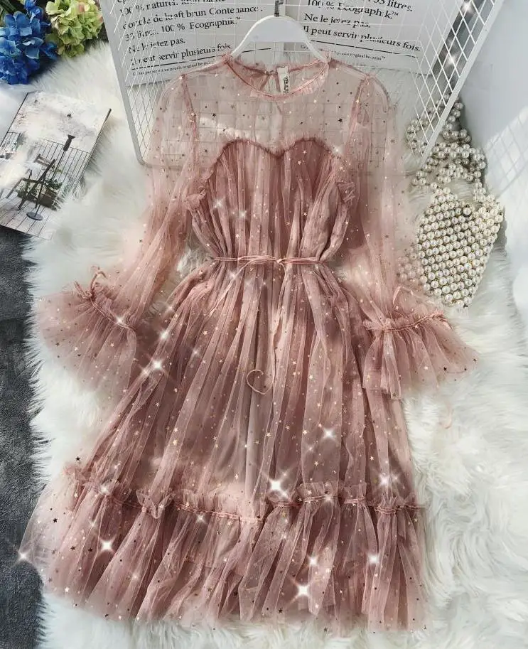 Летнее женское платье винтажное французское нежное сказочное блестящее платье с расклешенными рукавами и круглым вырезом однотонное Сетчатое платье с высокой талией - Цвет: Pink
