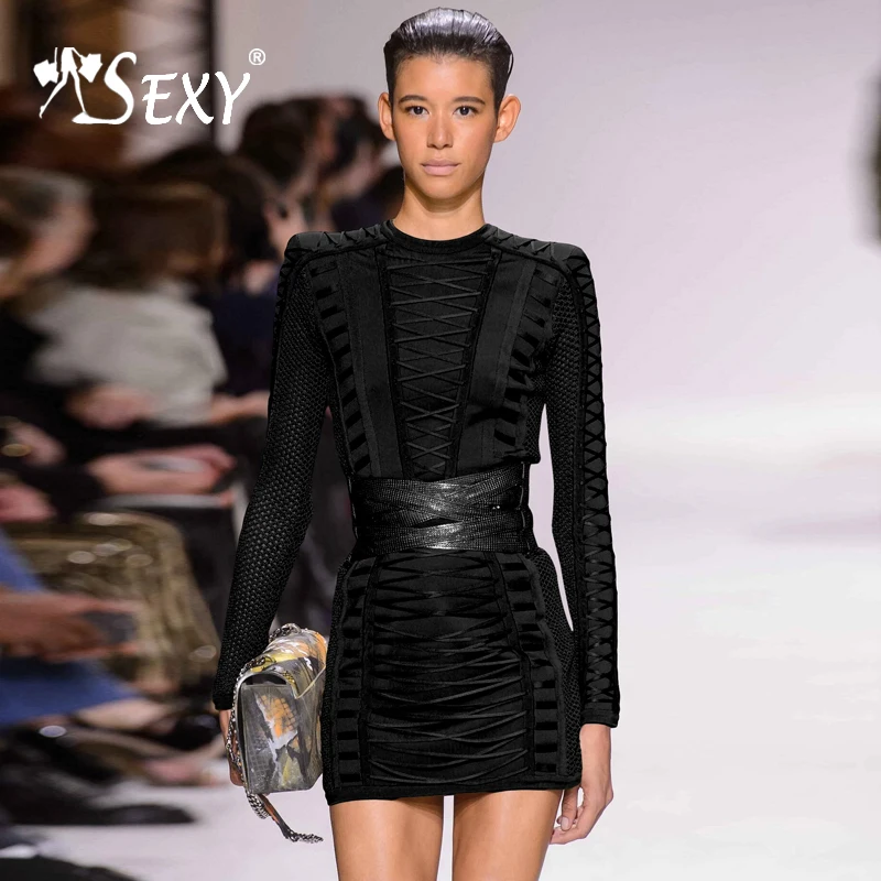 

Gosexy 2019 New Women Bandage Dress Lace Up O Neck Sexy Party Dresses Long Sleeve Hollow Out Sheath Club Dress For Lady Fashion
