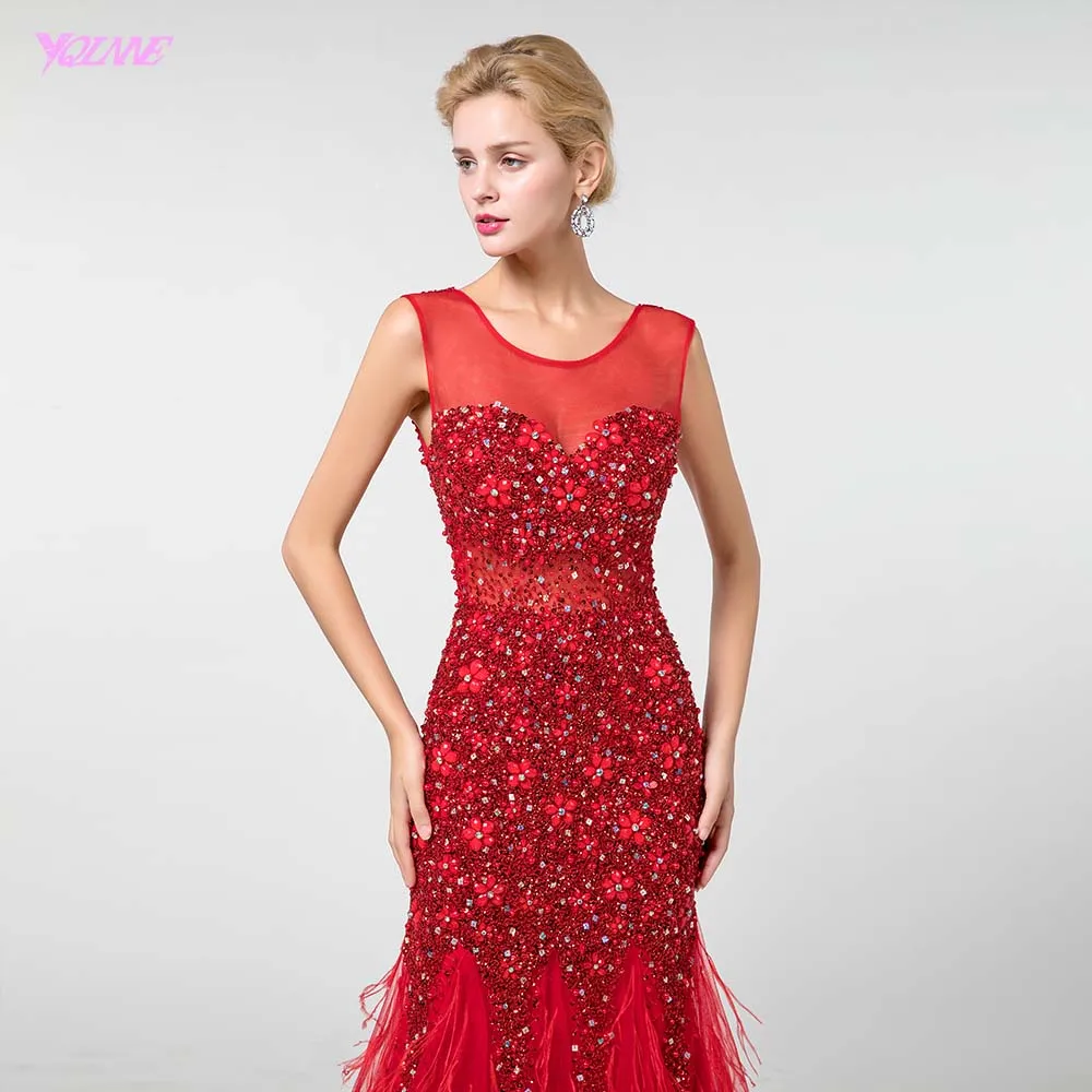 Elegant Red Crystals Feathers Evening Dresses Long Mermaid Evening Gown Formal Dress YQLNNE