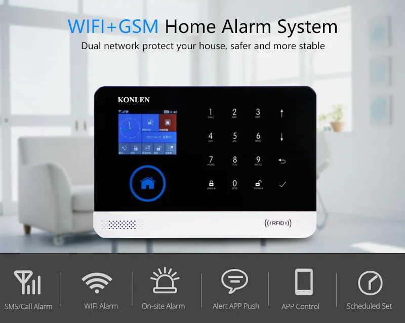 KONLEN Голосовая Wi-Fi GSM SIM домашняя охранная сигнализация RFID lcd сенсорная Беспроводная SMS вызов приложение оповещение Android IOS дом умный