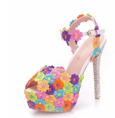 Новинка года; женские летние сандалии-гладиаторы с разноцветными цветами; женские туфли-лодочки на высоком каблуке 14 см; милые женские свадебные туфли на платформе - Цвет: Многоцветный