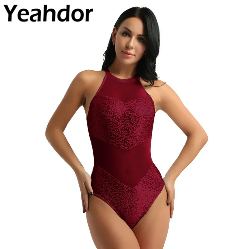 

Women Adult Sleeveless Halter Neck Sequin Mesh Gymnastics Ballet Dance Leotard Bodysuit Professional Competition Dance Costumes
