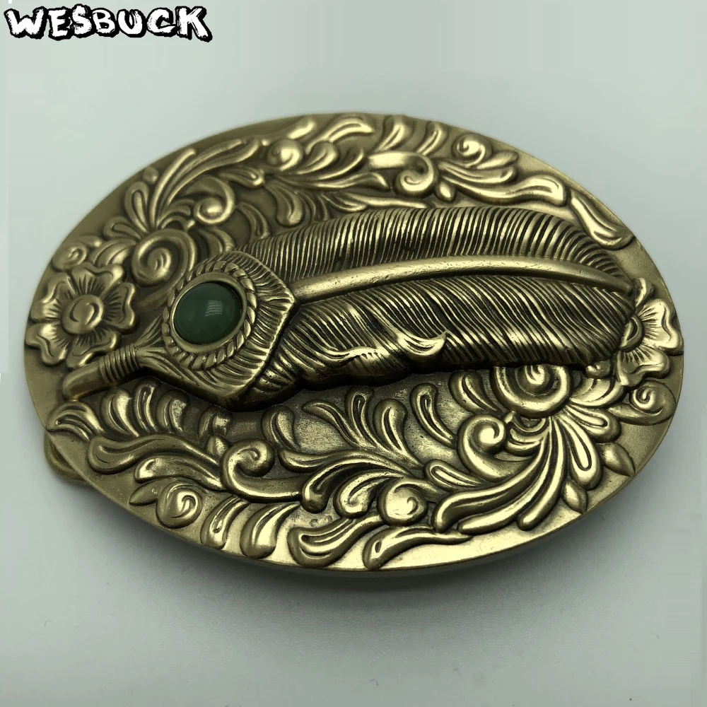 

WesBuck Brand New Style High Quality 3D Feathers Oval Belt Buckle With Solid Brass Man Woman Belt Head For 4cm Wideth Belt