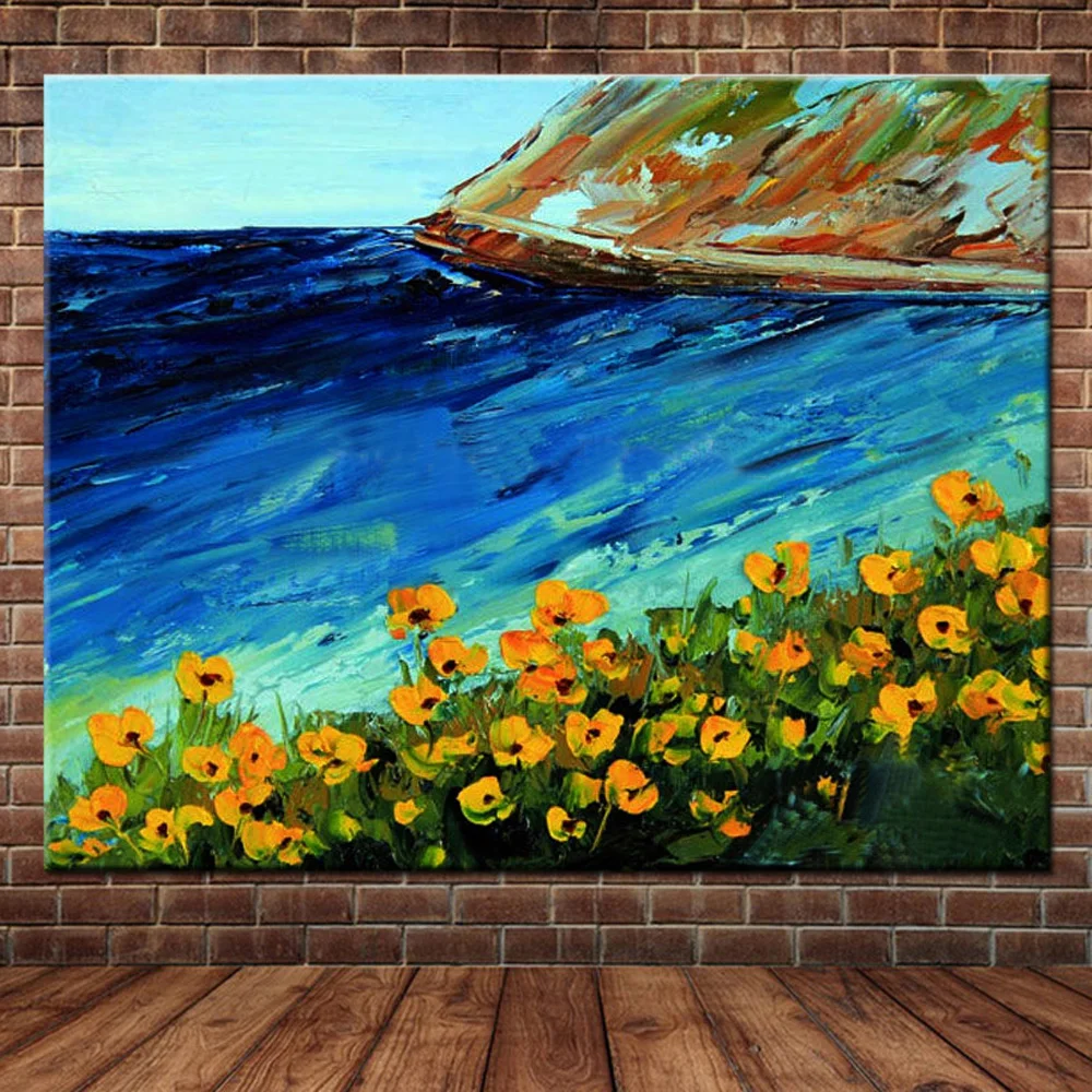 

Hand Painted Abstract Seascape Art Flower Landscape Oil Painting on Canvas Flower Sea Wall Picture Living Room Home Wall Decor