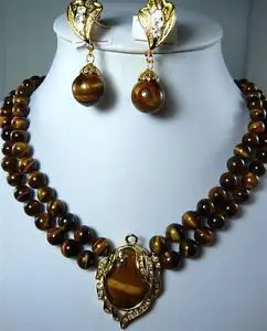 

hot sell new - Free shipping Luxurious 2 Row 8mm Natural Tiger Eye Stone Necklace Pendant Clip Earrings Set (A0425)