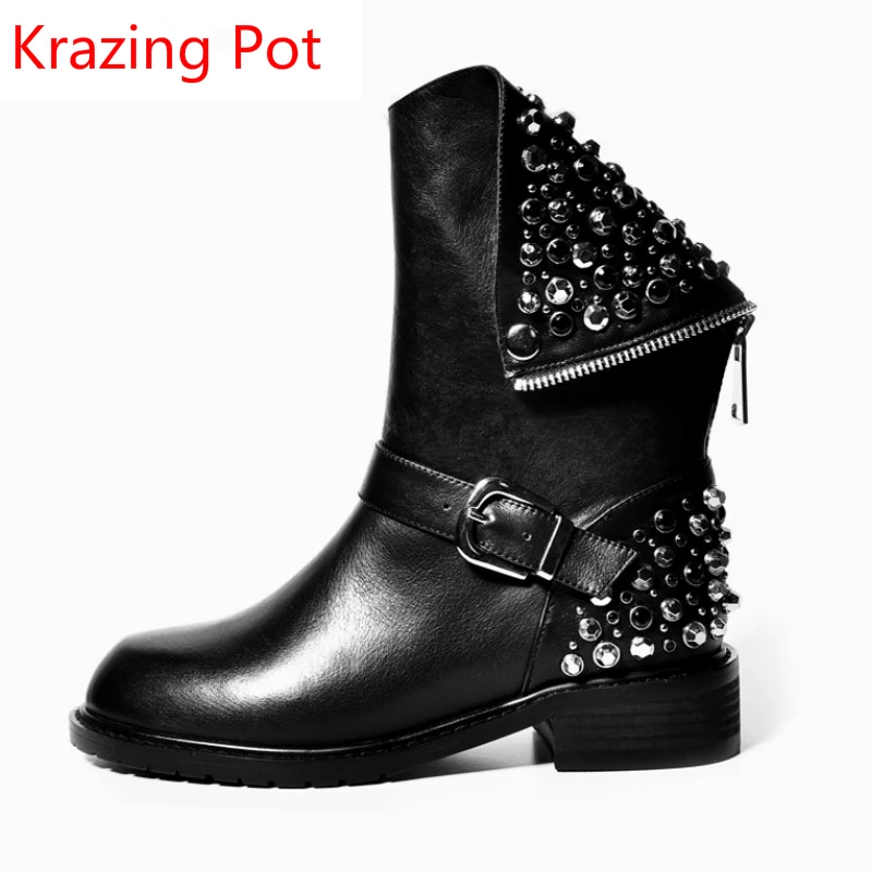 

Fashion Genuine Leather Rivets Crystal Pearl Beading Round Toe Warm Winter Boots Thick Heel European Luxury Mild-calf Boots L00