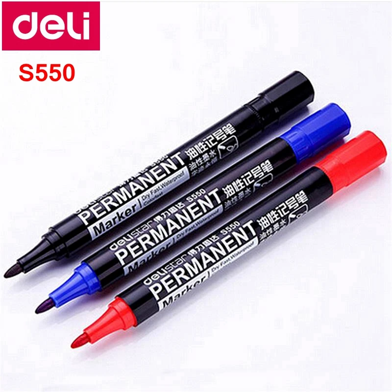 10PCS/BOX Deli s550 permanent marker pen black blue red colors marking pen oil-based ink marker pen