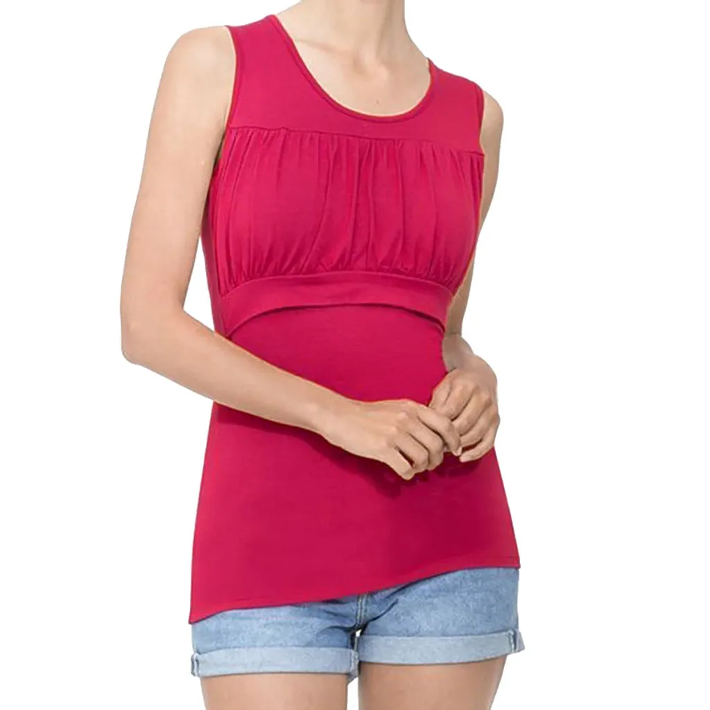 Рубашка для беременных женщин; сезон лето; удобная рубашка без рукавов для кормящих; Однотонный плиссированный топ спереди для грудного вскармливания; camiseta