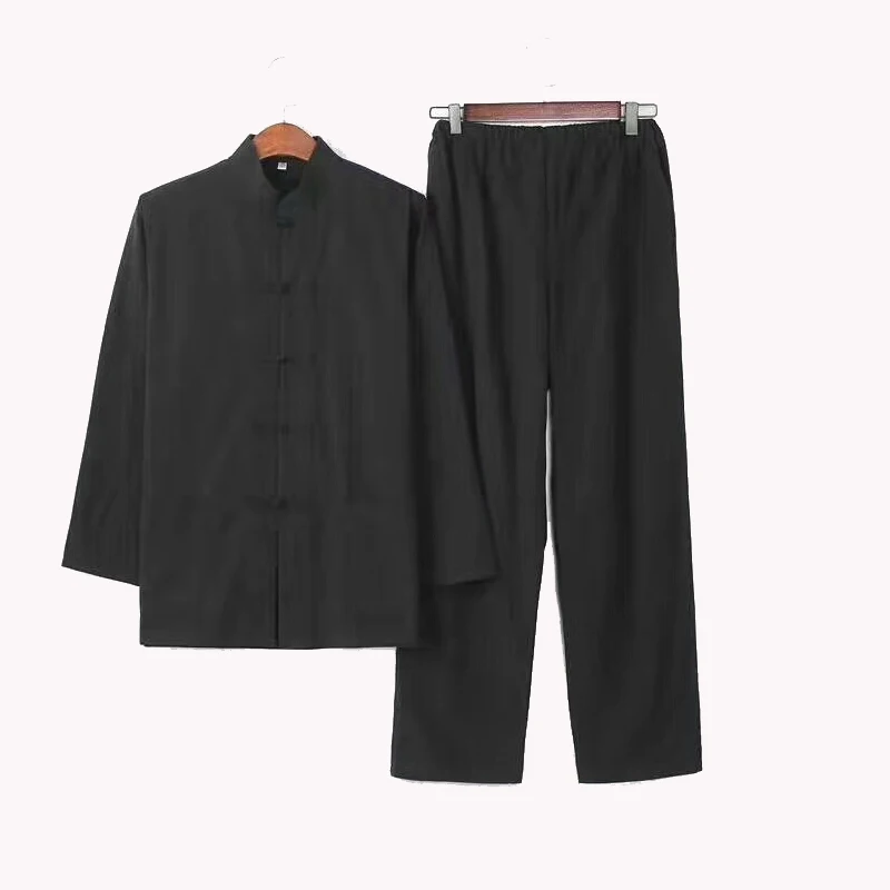 2PC Men's Chinese Dress Martial Arts Clothing Solid Kung Fu Suit 100% Cotton Loose Wu Shu Tai Chi Sets M-4XL Jacket+Long Pants YZT0808