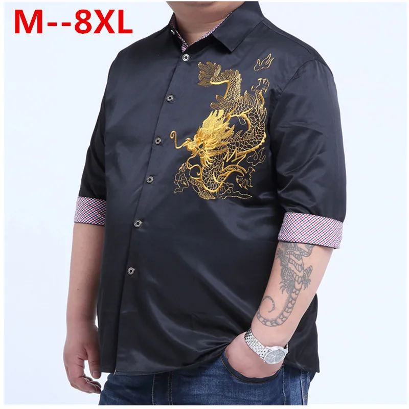 plus large big size 9xl 8XL 7XL 6XL 5XL Ali Embroidery Dragon Shirts Men Cotton Short