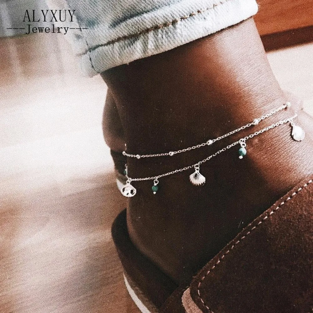 

Bohemian Shell blue Stone Anklets Set For Women Vintage Handmade Wave Anklet on Leg Beach Ocean Jewelry AN85