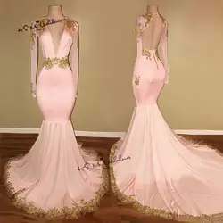 Сексуальные вечерние платья с открытой спиной с длинным рукавом розового золота «русалка» с глубоким v-образным вырезом для выпускного