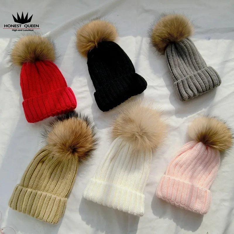 Natural fox fur raccoon true fur hat winter warm thickening woman fashion beautiful knitted hair ball hat Black White Red Gray
