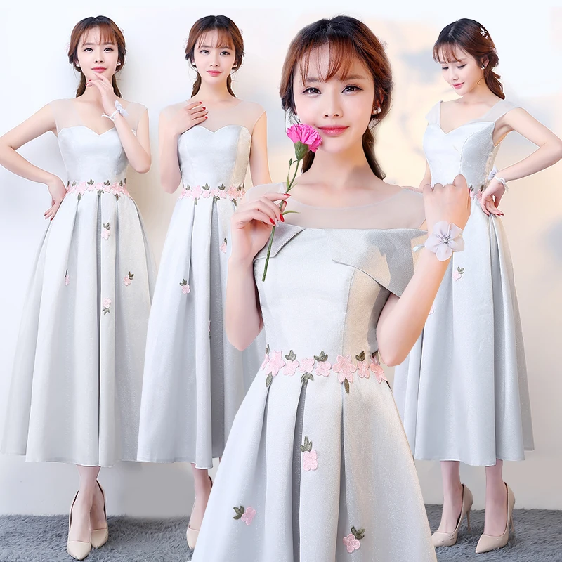 Vestido De Festa серое платье подружки невесты длиной до колена с розовой аппликацией