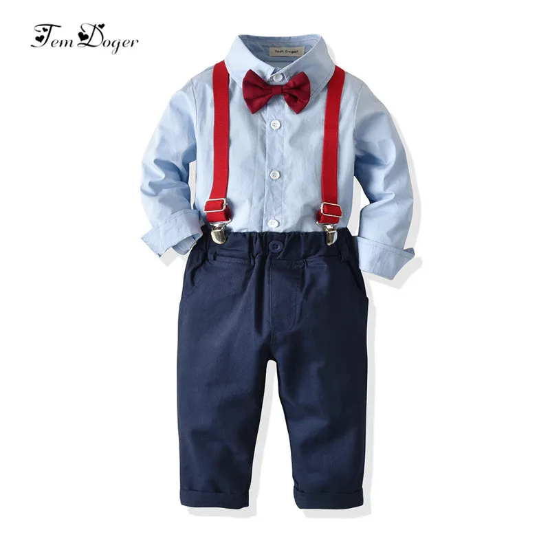 

Tem Doger Baby Boy Clothing Sets New Newborn Infant Baby Clothes Long Sleeve Tie Shirt+Overalls 2PCS Outfits Bebes Boy Clothing