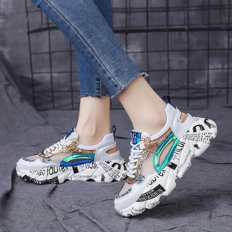 

2019 New Womens High Platform Chunky Sneakers Mesh Breathable Sport Trainers Shoes Thick Sole Sneakers Woman Calzado Mujer