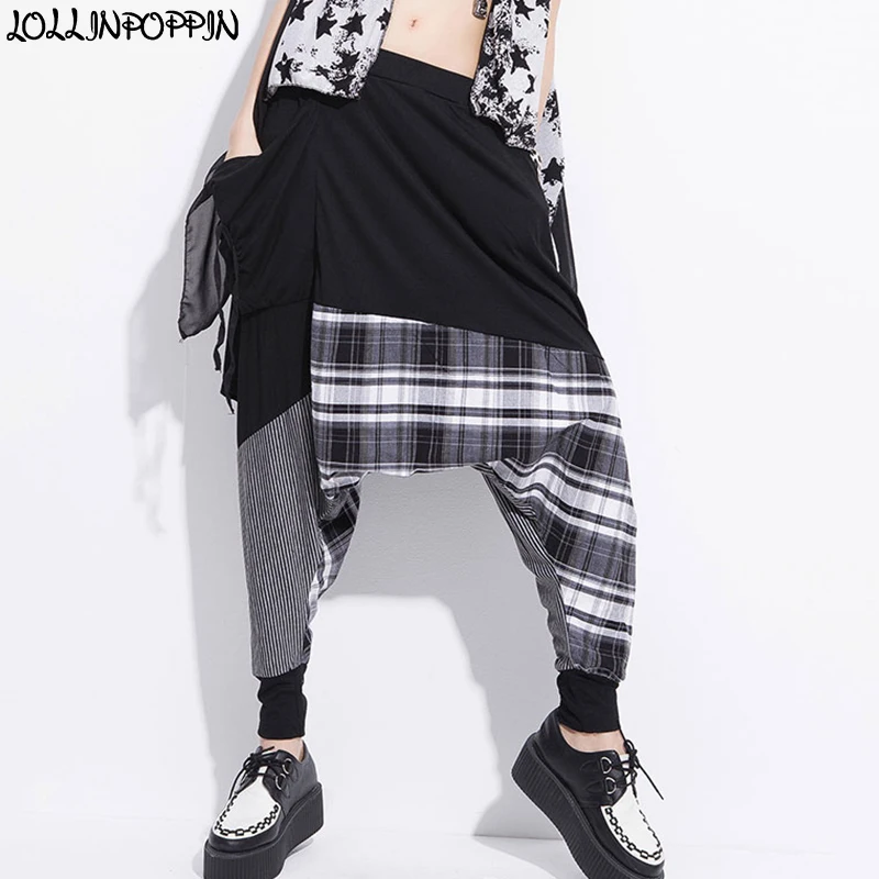 

Hip Hop Streetwear Women Drop Crotch Harem Pants Plaids & Stripes Patchwork Street Dance Trousers Ladies Loose Jogger Pants