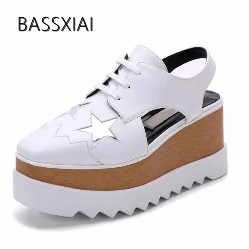 

2019 Star Platform Sandals Women Square Toe Real Leather Cut Out Thick Bottom Loafer Shoes Woman Gladiator Sandals