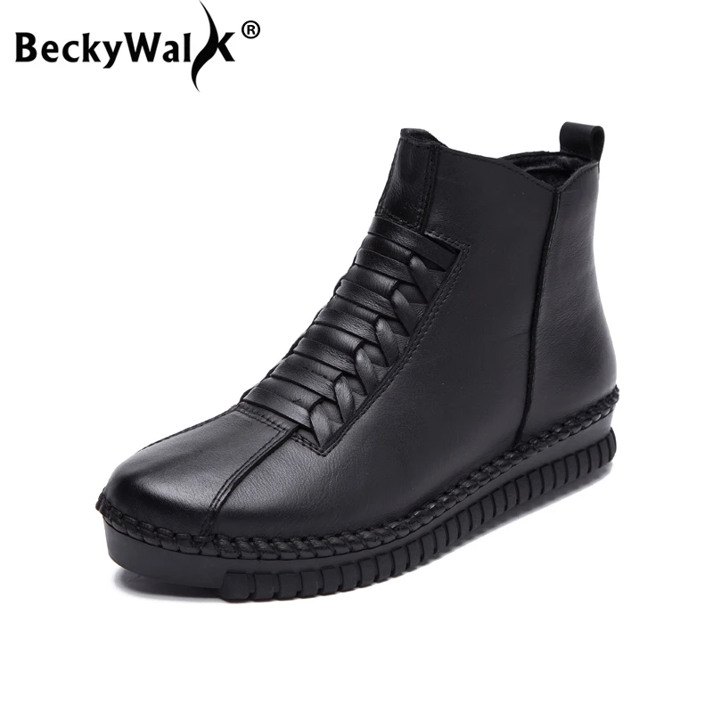 

BeckyWalk Winter Ankle Boots Women Genuine Leather Shoes Handmade Women Shoes Plush Flat Heel Snow Boots Plus Size 35-43 WSH3066