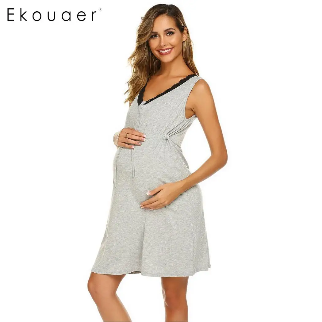 Ekouaer Сорочка Ночное платье женская одежда для сна Однотонная ночная рубашка для грудного вскармливания Домашняя одежда женская одежда для сна - Цвет: Gray