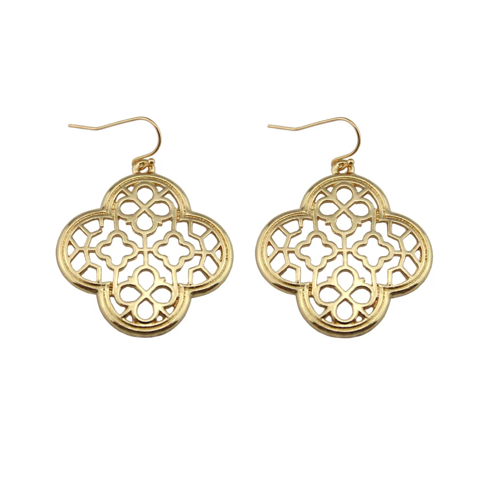 

2017 Gold Filigree Cutout Clover Motif Statement Earrings Women Jewelry