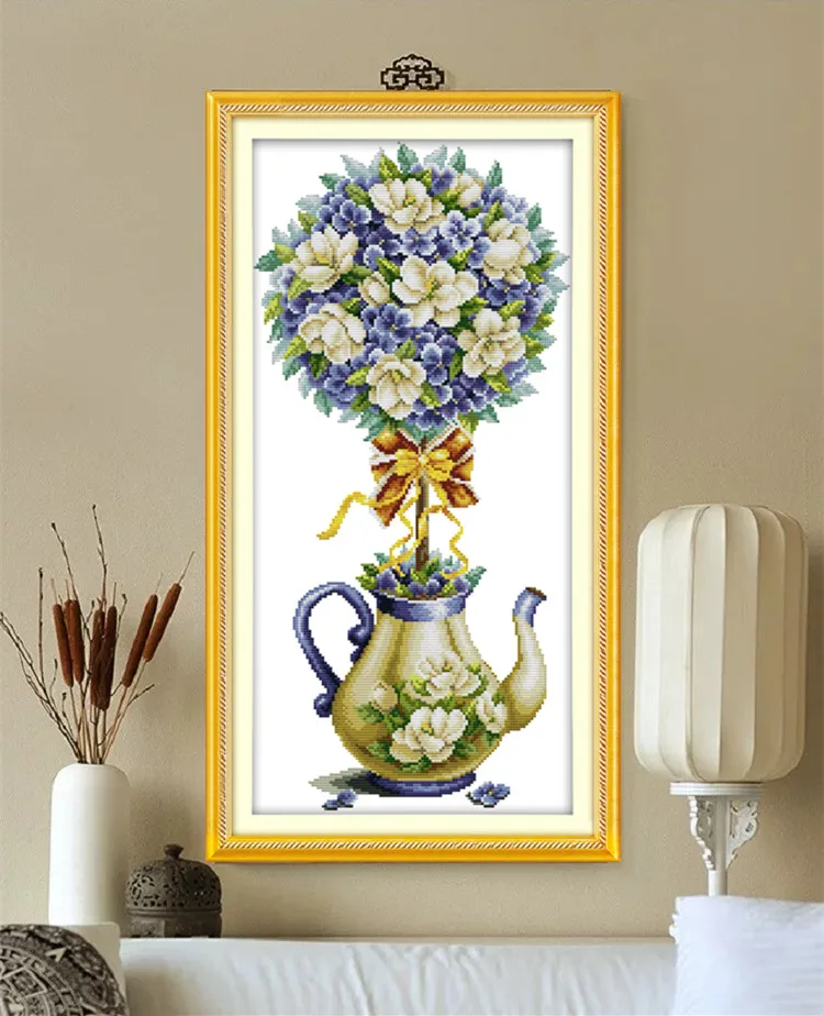Magnolia teapot Printed Canvas Cross Stitch Kit Home Decore 11CT 14CT