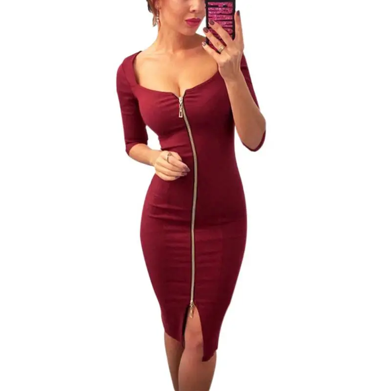New 2017 Sexy Low Chest Bodycon Dress Autumn Winter Zipper Three