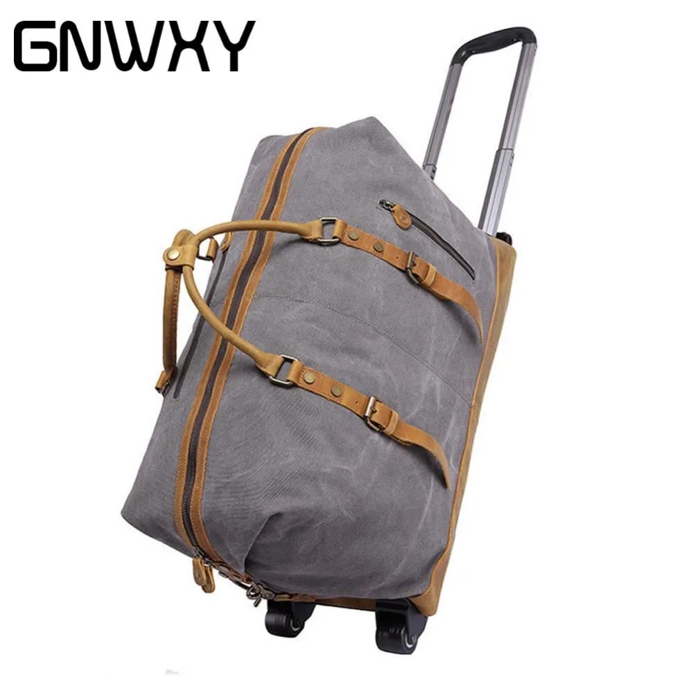 

GNWXY Canvas Men Trolley Travel Bag Large Capacity Waterproof Hand Luggage Bags Wheels Duffel Bag Large Weekend Bag Overnight