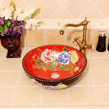 

Colorful peony China Vintage Style Ceramic Art Basin Sink Counter Top Wash Basin Bathroom Vessel Sinks ceramic basin wash basin