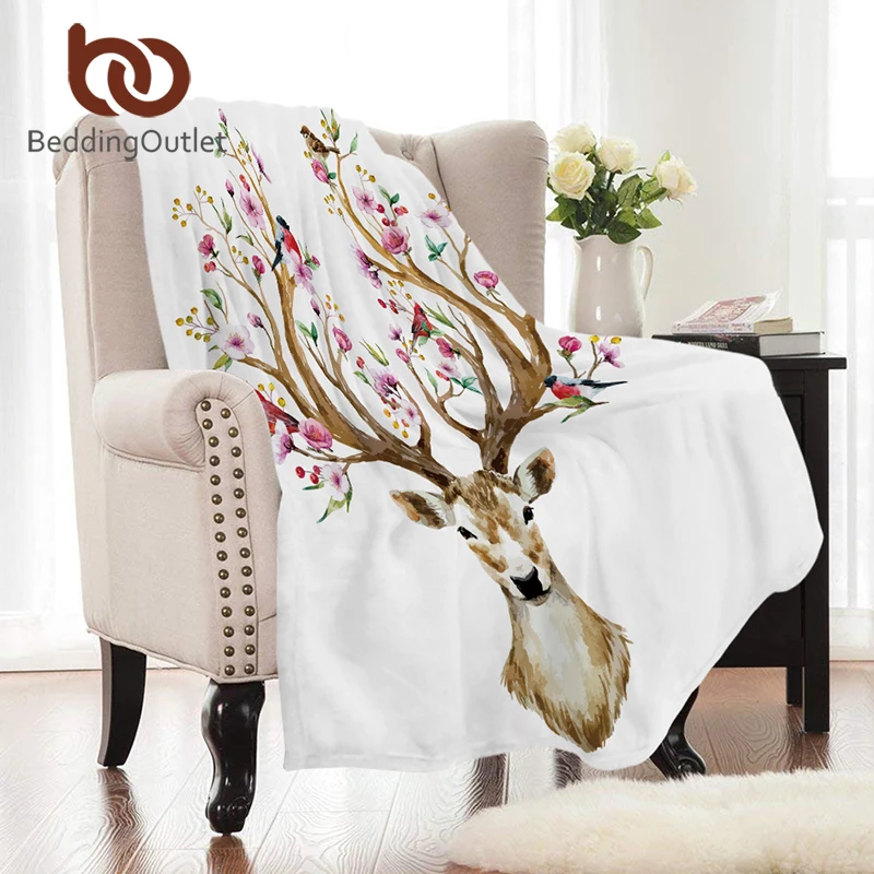

BeddingOutlet Floral Moose Elk Coral Fleece Blanket Flower Reindeer Deer Flannel Blanket for Beds Black and White Bedspreads