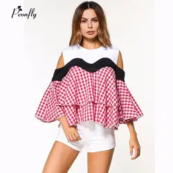 PEONFLY осень клетчатая блузка рубашка для женщин Модный пэчворк с открытыми плечами в клетку Топы корректирующие женственная рубашка