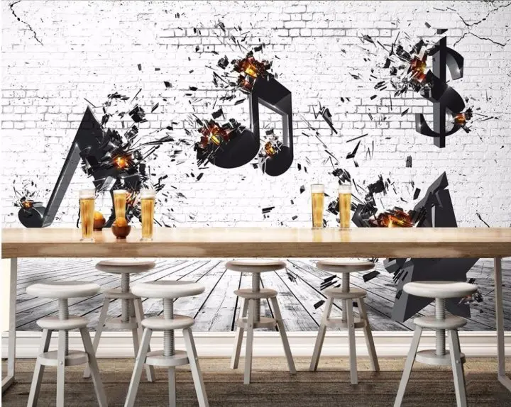 Настроить любой размер росписи 3d рок-музыка бар КТВ белый кирпичные стены Кофе ностальгические Гитары Красота Ресторан Задний план обои