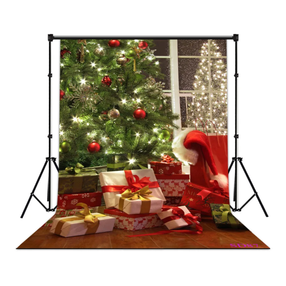 

LB Polyester & Vinyl Beautiful Christmas Tree Gifts LED String Light Ornament Night Photography Photo Background Studio Backdrop
