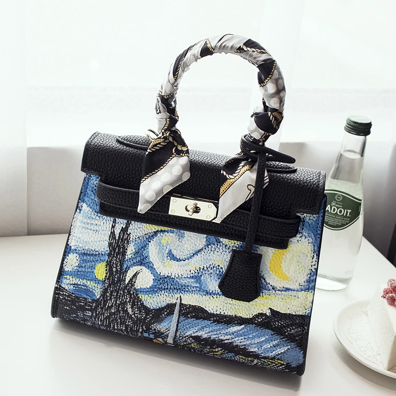 Die Leather Echt 2018 Leder Kunst Bemalt Frauen Schulter Taschen Zeichnen Cm Messenger Sky Hand Tasche Starry Echtem Pu Aus Litschi 25 Schloss g1gzrq4