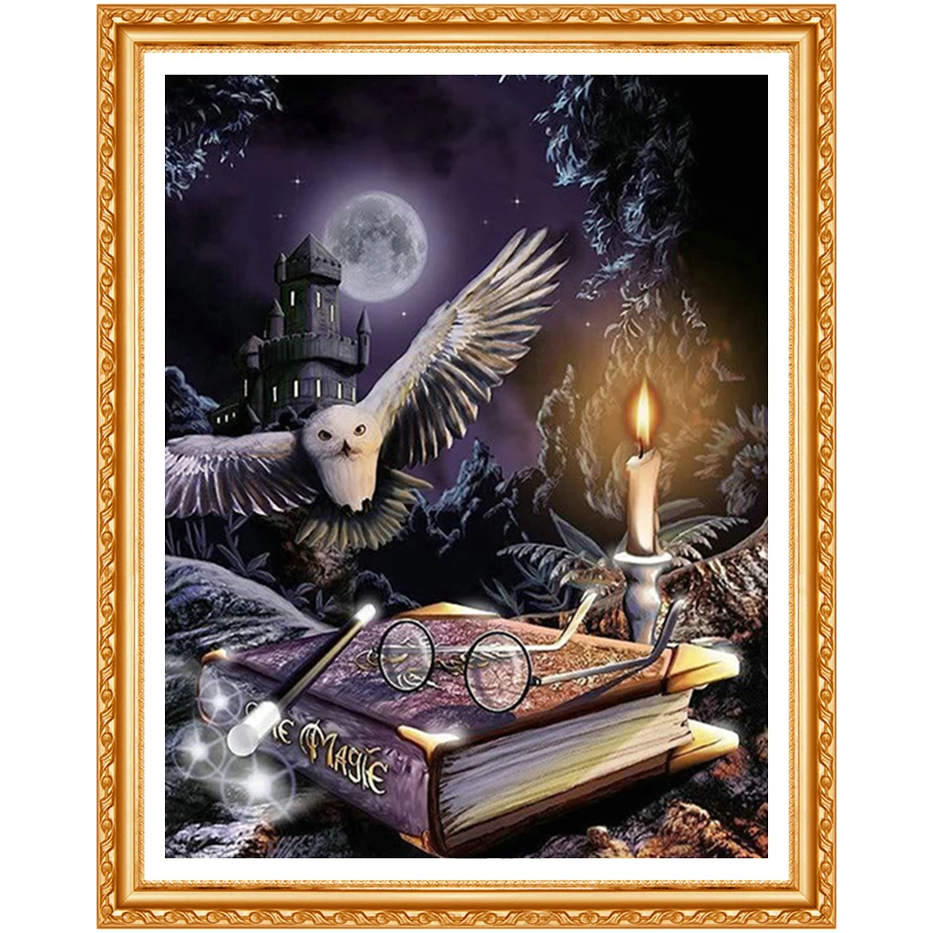 Diamond Painting 5D Diy Diamond painting Cross stitch Owl animal Diamond embroidery Magic book Full round Dimond moon castle
