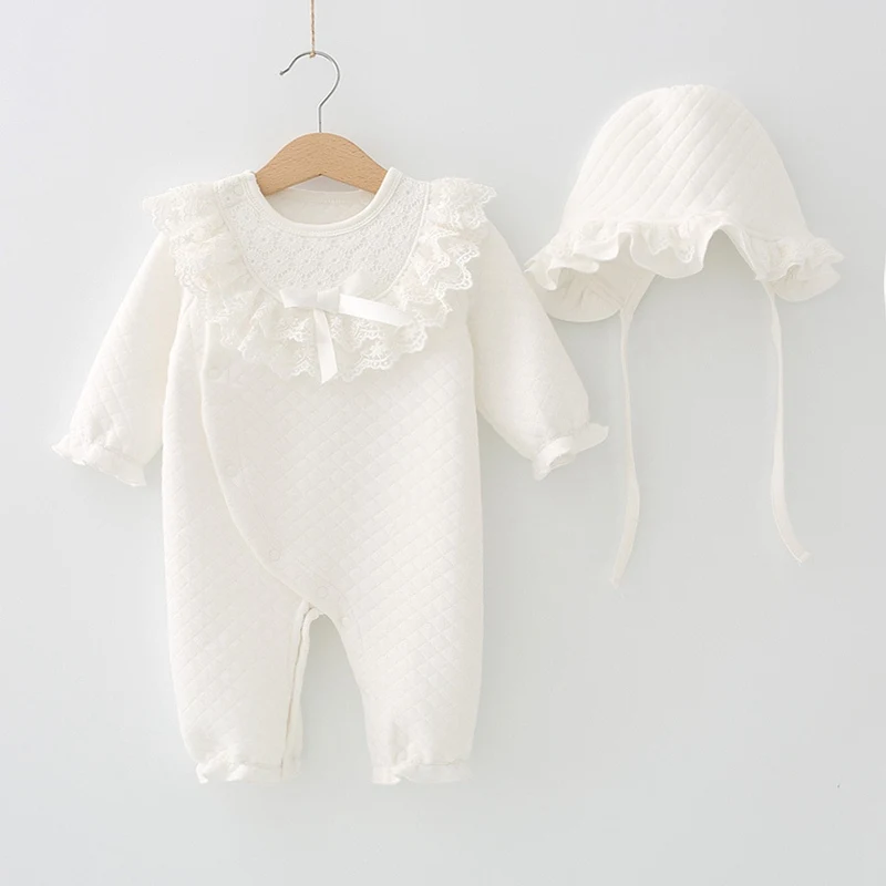 Для новорожденных Bebes для первого Комплекты одежды комбинезон + Кепки девушки кружева высокое качество одежда на Новый год с длинными