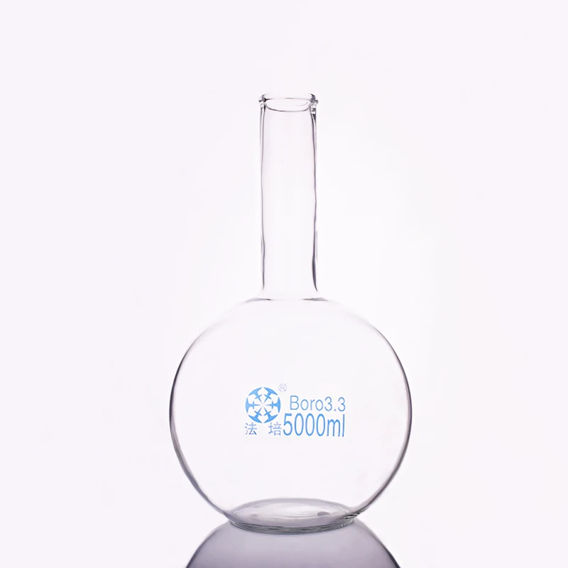 

Boiling flask flat bottom long narrow neck,Capacity 5000ml,The O.D. of the neck is about 56mm,Long neck flask with normal mouth