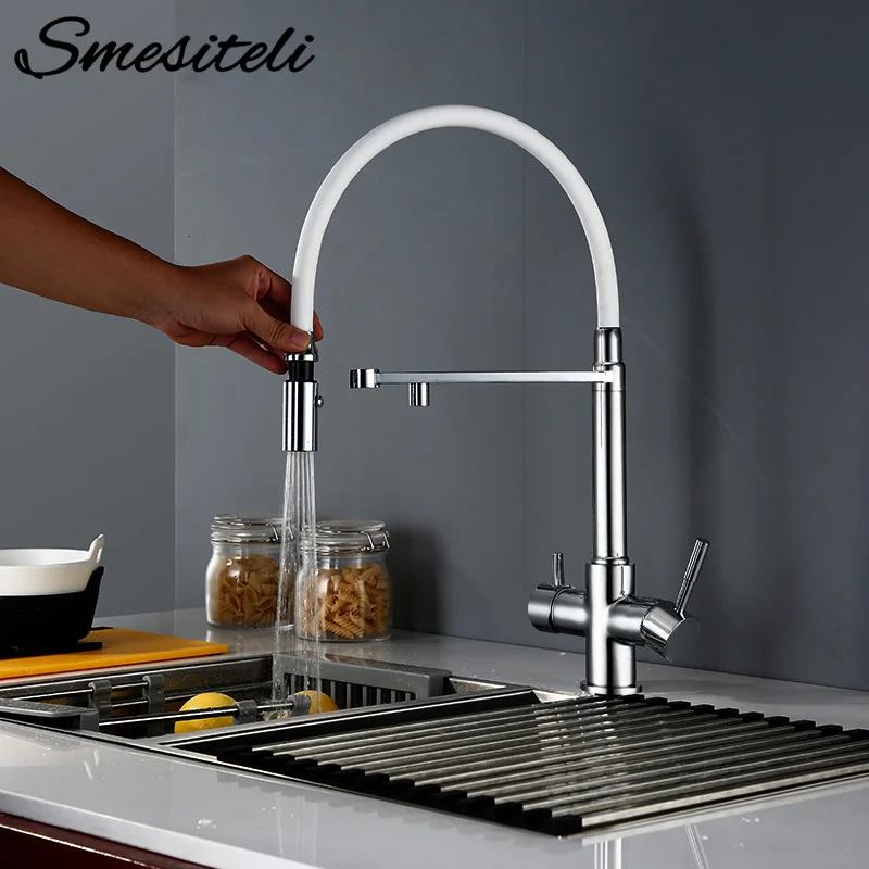  Smesiteli Kitchen Tri Flow Faucet Brass Chrome Swivel With Sprayer Hose Water Purification Function - 32949847677