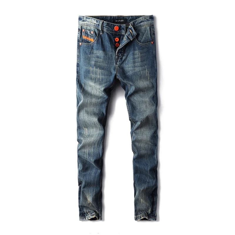 

Fashion Streetwear Men Jeans Classical Denim Pants Straight Fit Orange Stripe Buttons Ripped Jeans For Men Hip Hop Jeans homme