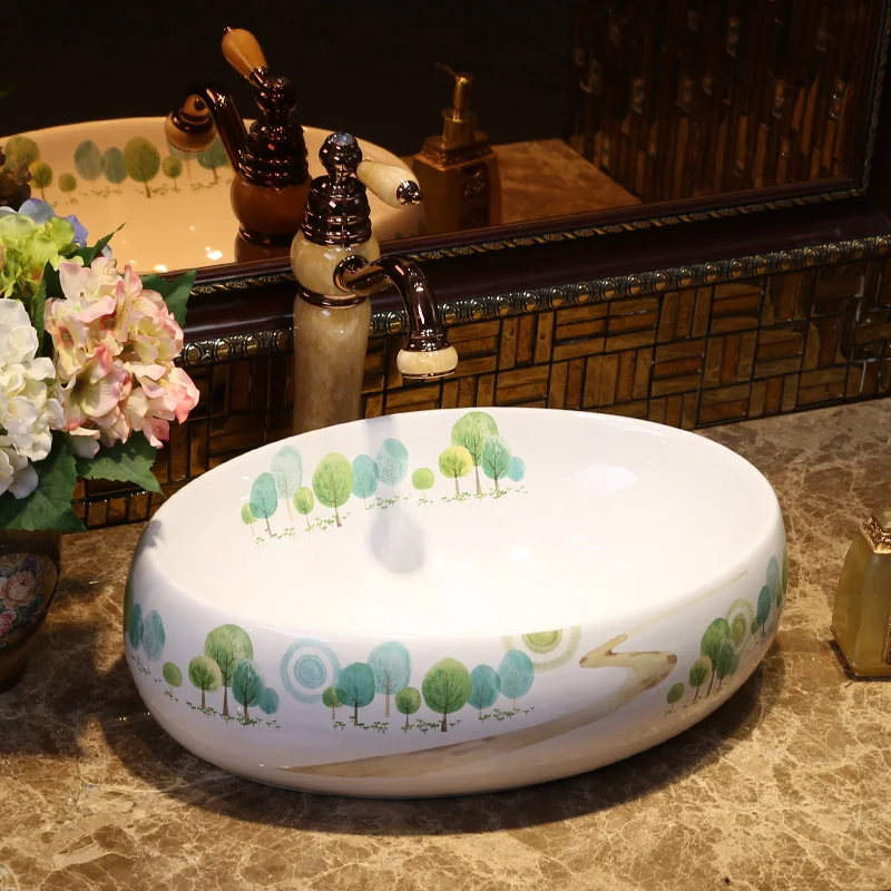 Us 299 0 Small Oval Chinese Painting Art Porcelain Bathroom Vessel Sink Handmade Bathroom Sinks Bowl White In Bathroom Sinks From Home Improvement