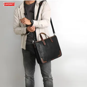 

2020 Retro Men's Handbag Briefcase Male Shoulder Diagonal Bag Business Cross Section Computer Crossbody Bags First Layer Leather