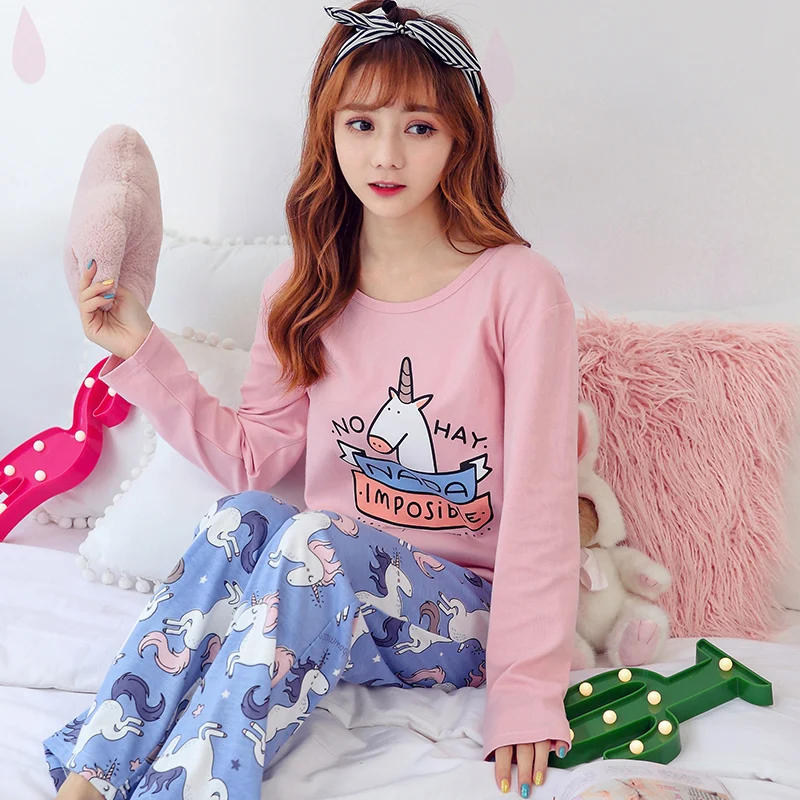 Хлопковые Пижамные комплекты с длинным рукавом, Ночная одежда с рисунком лисы, милая розовая пижама с круглым вырезом, женская пижама