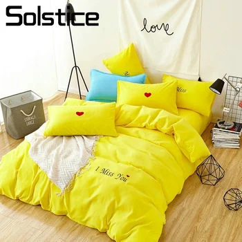 

Solstice Home Textile Queen Double Bedding Set Woman Adult Teen Girl Bed Linen Solid Yellow Simple Duvet Cover Pillow Case Sheet