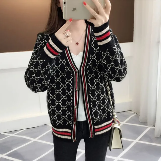 Danjeaner Korean Style Single Breasted Cardigans Womens Sweaters 2018 Winter V-Neck Long Sleeve Fashionable Printed Knitwear 6